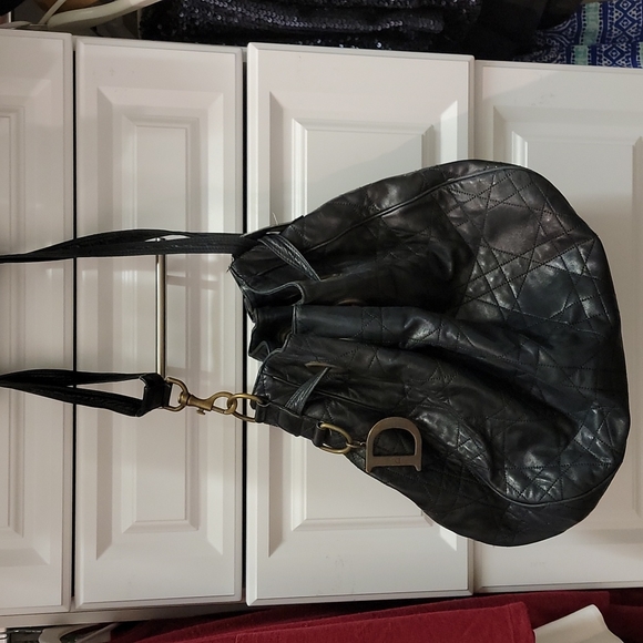 CHRISTIAN DIOR Black Quilted Leather Cannage Drawstring Tote Bag - Picture 2 of 3